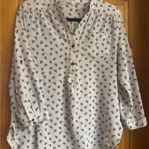 White Button-Down Blouse with Navy Print - fun2fun